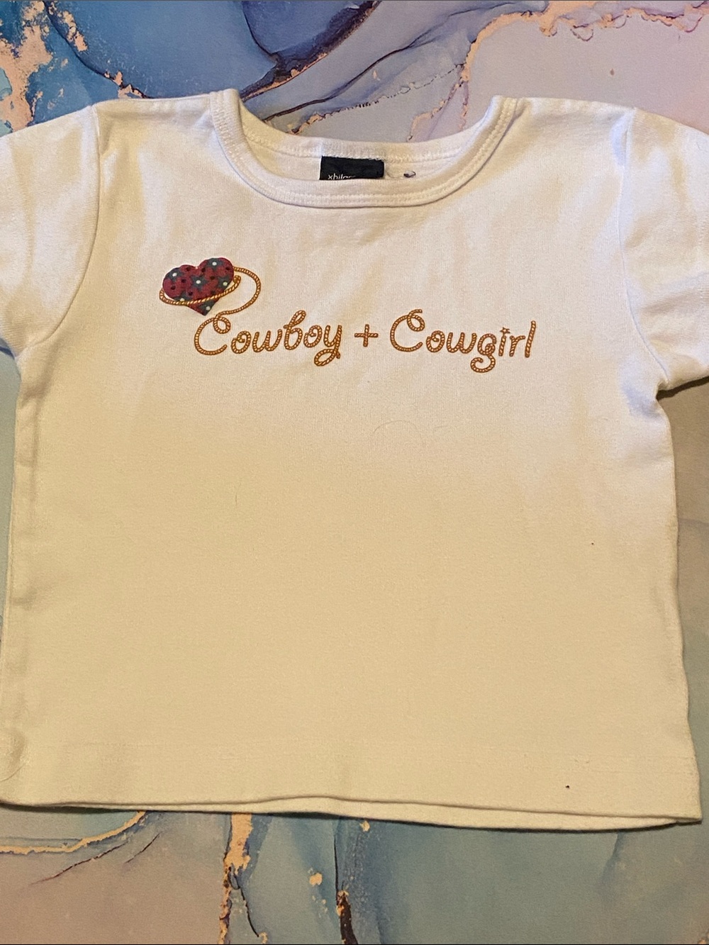 Xhilaration White Kids Tee with Gold Script & Pink Heart Patch